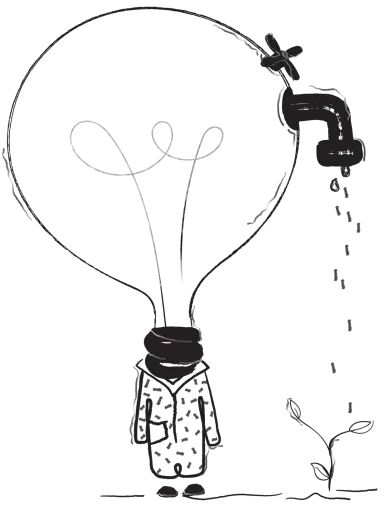 Illustration absurde avec une personne à tête d'ampoule en train d'arroser une plante